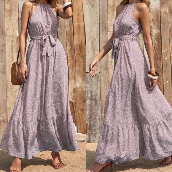 Dresses & Skirts - Boho floral print halter maxi dress- DUSTY PINK